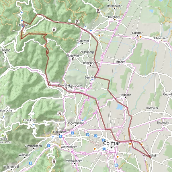 Map miniature of "Gravel Adventure in Alsace" cycling inspiration in Alsace, France. Generated by Tarmacs.app cycling route planner