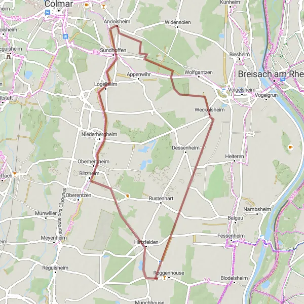 Map miniature of "Andolsheim Gravel Adventure" cycling inspiration in Alsace, France. Generated by Tarmacs.app cycling route planner