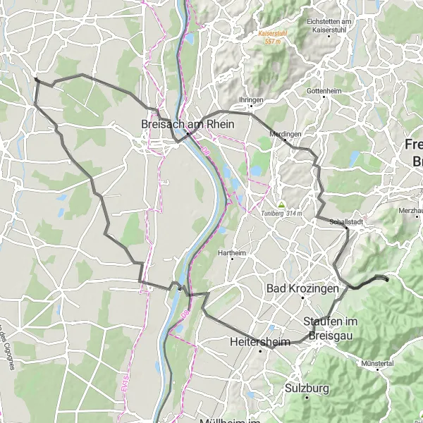 Miniature de la carte de l'inspiration cycliste "Le Tour des Vignobles d'Alsace" dans la Alsace, France. Générée par le planificateur d'itinéraire cycliste Tarmacs.app