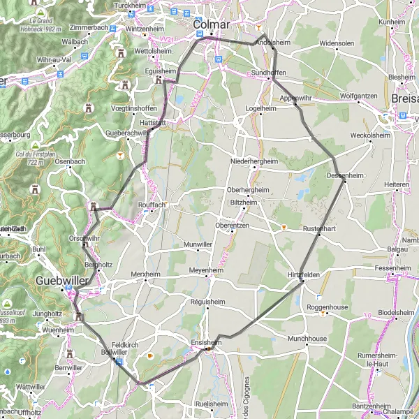 Miniature de la carte de l'inspiration cycliste "Tour routier vers Eguisheim et Ensisheim" dans la Alsace, France. Générée par le planificateur d'itinéraire cycliste Tarmacs.app