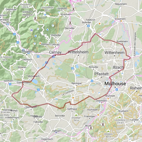 Map miniature of "Scenic Gravel Loop with Views of Mulhouse" cycling inspiration in Alsace, France. Generated by Tarmacs.app cycling route planner