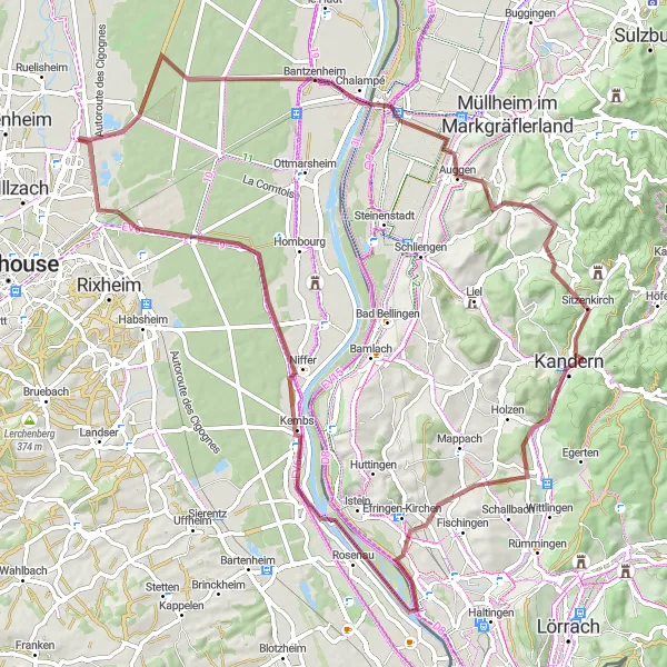 Map miniature of "Neuenburg am Rhein Gravel Adventure" cycling inspiration in Alsace, France. Generated by Tarmacs.app cycling route planner