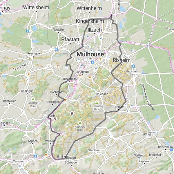 Map miniature of "Rixheim Loop" cycling inspiration in Alsace, France. Generated by Tarmacs.app cycling route planner