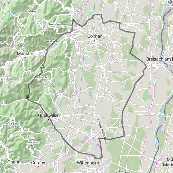 Map miniature of "Bollwiller and the Col du Firstplan" cycling inspiration in Alsace, France. Generated by Tarmacs.app cycling route planner