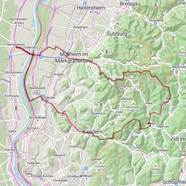 Miniature de la carte de l'inspiration cycliste "Aventure Gravel dans le Sundgau" dans la Alsace, France. Générée par le planificateur d'itinéraire cycliste Tarmacs.app