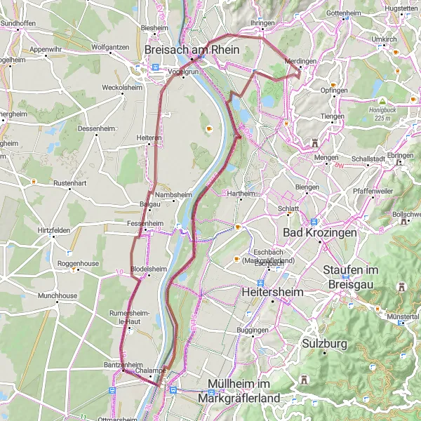Miniature de la carte de l'inspiration cycliste "Les chemins gravel entre Chalampé et Rumersheim-le-Haut" dans la Alsace, France. Générée par le planificateur d'itinéraire cycliste Tarmacs.app