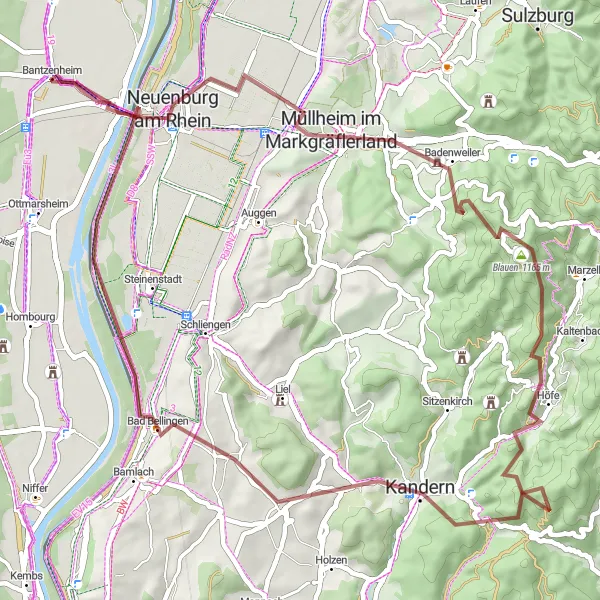Map miniature of "Exploring Hidden Gems" cycling inspiration in Alsace, France. Generated by Tarmacs.app cycling route planner