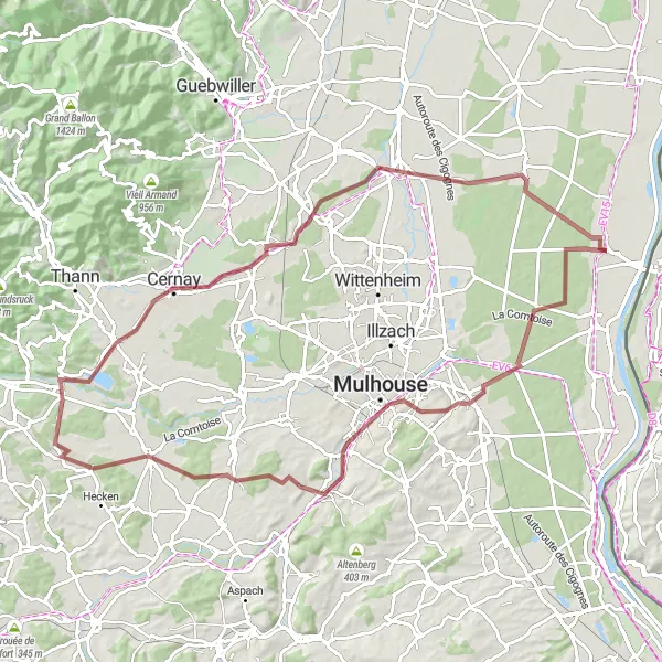 Miniature de la carte de l'inspiration cycliste "La Ronde des Abbayes" dans la Alsace, France. Générée par le planificateur d'itinéraire cycliste Tarmacs.app