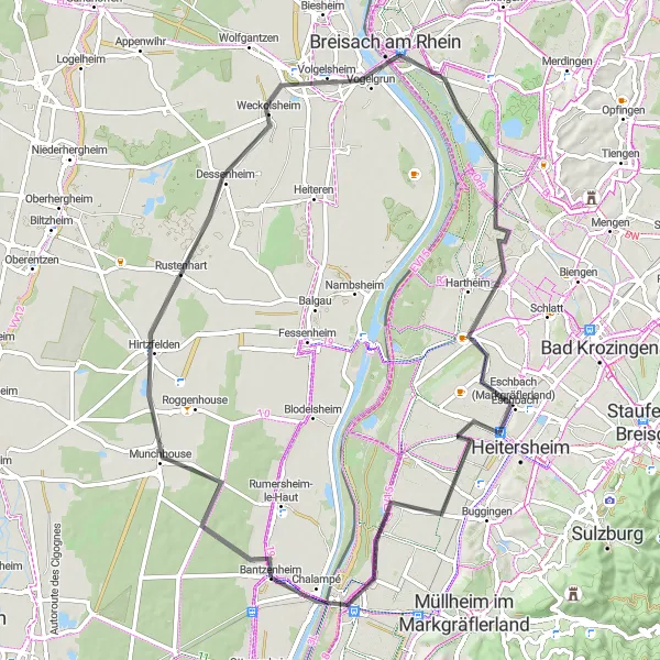 Map miniature of "Neuf-Brisach Loop" cycling inspiration in Alsace, France. Generated by Tarmacs.app cycling route planner
