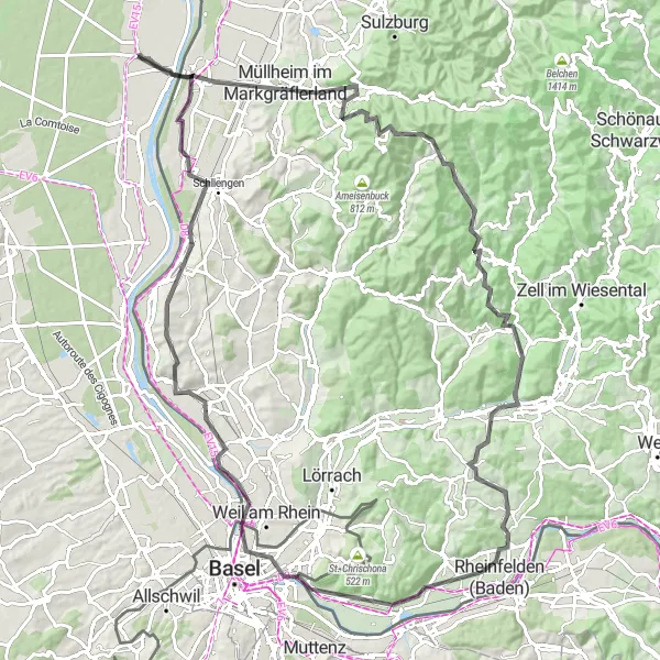 Map miniature of "Riding Through History" cycling inspiration in Alsace, France. Generated by Tarmacs.app cycling route planner