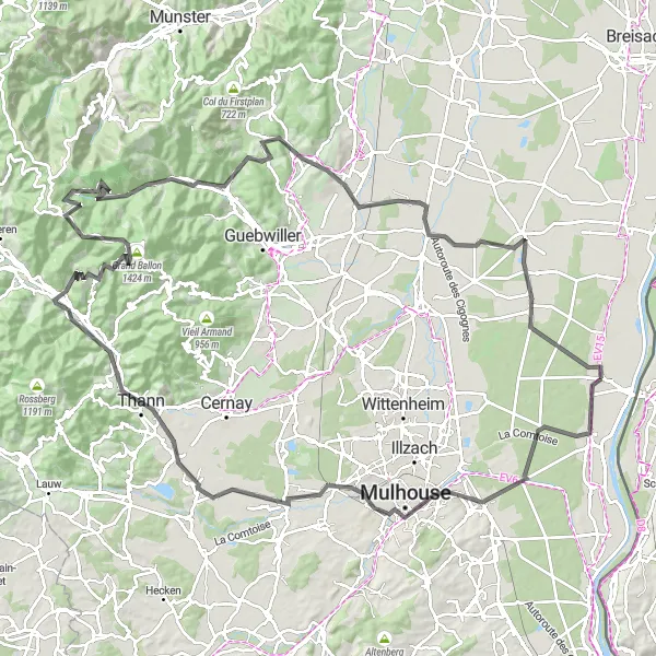Map miniature of "Alsace Panorama" cycling inspiration in Alsace, France. Generated by Tarmacs.app cycling route planner