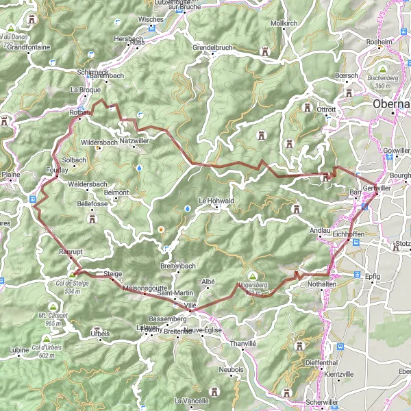 Miniature de la carte de l'inspiration cycliste "Les Montagnes et Panoramas d'Alsace" dans la Alsace, France. Générée par le planificateur d'itinéraire cycliste Tarmacs.app