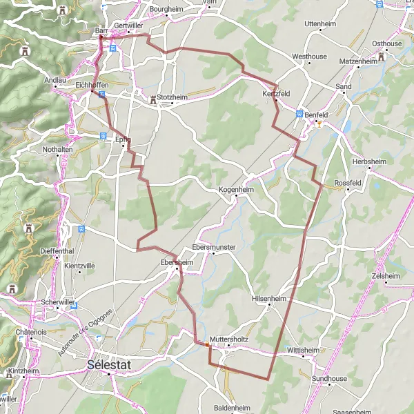 Map miniature of "Kertzfeld and Mittelbergheim Gravel Route" cycling inspiration in Alsace, France. Generated by Tarmacs.app cycling route planner