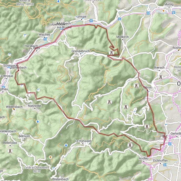Miniature de la carte de l'inspiration cycliste "Les Sentiers Gravel des Vosges" dans la Alsace, France. Générée par le planificateur d'itinéraire cycliste Tarmacs.app