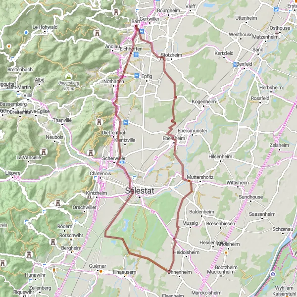 Map miniature of "Gravel Adventure in Alsace Countryside" cycling inspiration in Alsace, France. Generated by Tarmacs.app cycling route planner