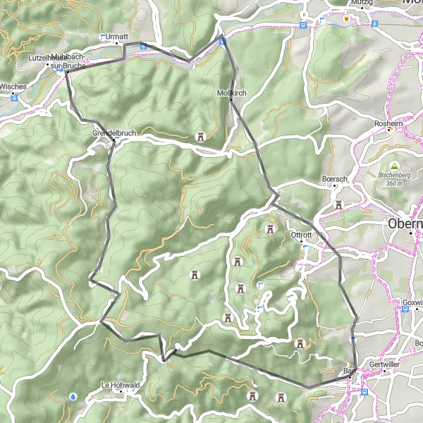 Map miniature of "Château de Spesbourg and Ottrott Loop" cycling inspiration in Alsace, France. Generated by Tarmacs.app cycling route planner