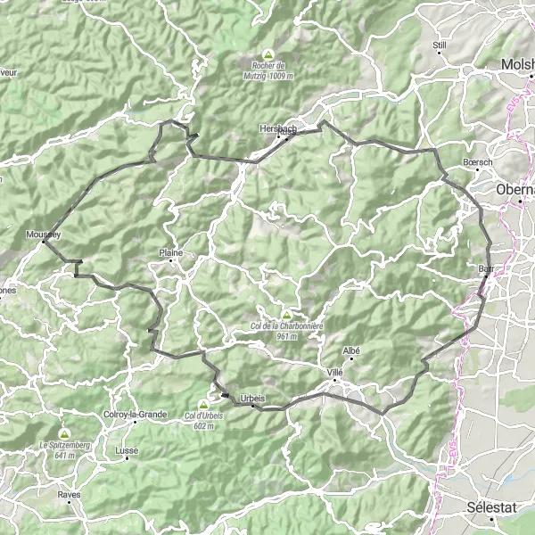 Miniature de la carte de l'inspiration cycliste "Les Montagnes et Châteaux des Vosges" dans la Alsace, France. Générée par le planificateur d'itinéraire cycliste Tarmacs.app