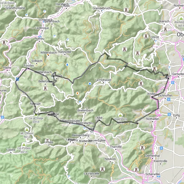 Map miniature of "Andlau and Champ du Feu Loop" cycling inspiration in Alsace, France. Generated by Tarmacs.app cycling route planner