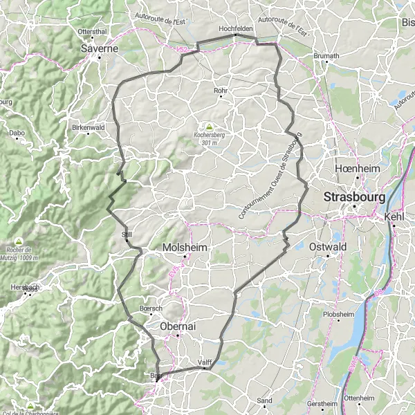 Miniature de la carte de l'inspiration cycliste "Les Collines et Vallées d'Alsace" dans la Alsace, France. Générée par le planificateur d'itinéraire cycliste Tarmacs.app