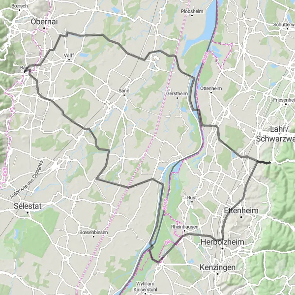 Miniature de la carte de l'inspiration cycliste "Les Vignobles et Châteaux d'Alsace" dans la Alsace, France. Générée par le planificateur d'itinéraire cycliste Tarmacs.app