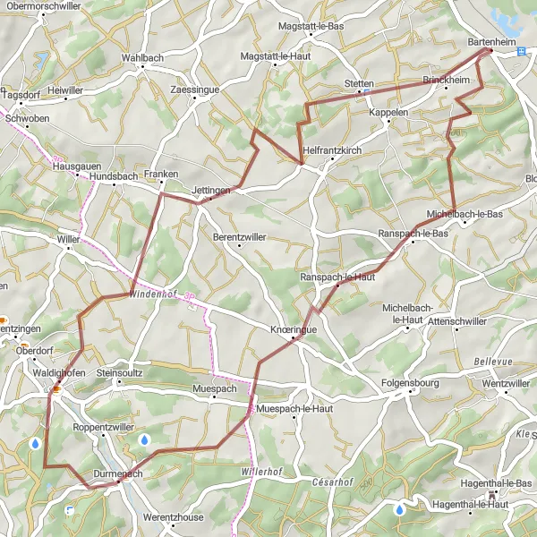 Map miniature of "Hidden Gems of Alsace" cycling inspiration in Alsace, France. Generated by Tarmacs.app cycling route planner