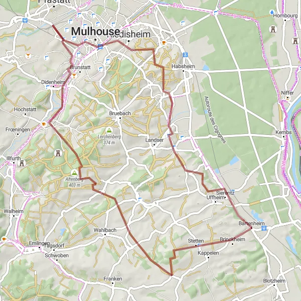 Miniature de la carte de l'inspiration cycliste "Escapade dans les Vosges" dans la Alsace, France. Générée par le planificateur d'itinéraire cycliste Tarmacs.app