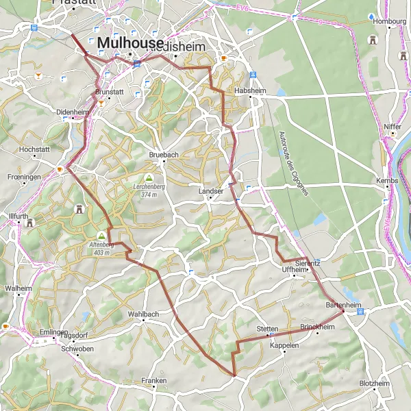 Map miniature of "Vineyard Gravel Run" cycling inspiration in Alsace, France. Generated by Tarmacs.app cycling route planner