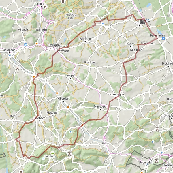 Miniature de la carte de l'inspiration cycliste "Boucle gravier à travers les villages" dans la Alsace, France. Générée par le planificateur d'itinéraire cycliste Tarmacs.app