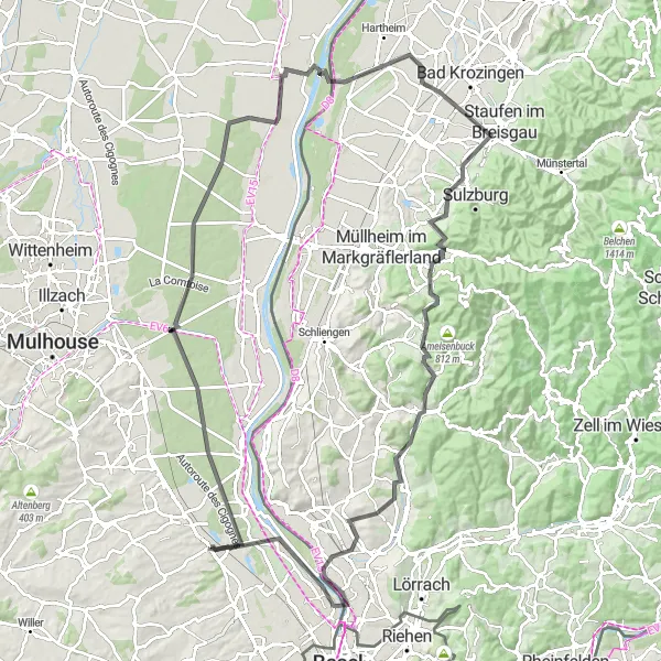 Miniature de la carte de l'inspiration cycliste "Circuit des Trois Frontières" dans la Alsace, France. Générée par le planificateur d'itinéraire cycliste Tarmacs.app