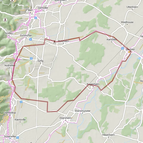 Map miniature of "The Scenic Gravel Ride" cycling inspiration in Alsace, France. Generated by Tarmacs.app cycling route planner