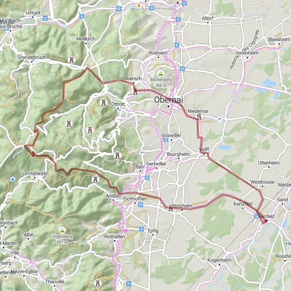Miniature de la carte de l'inspiration cycliste "Parcourir les collines d'Alsace de Kertzfeld à Valff" dans la Alsace, France. Générée par le planificateur d'itinéraire cycliste Tarmacs.app