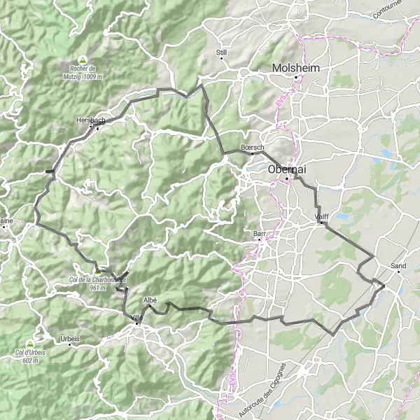 Map miniature of "Alsace Vineyards and Mountain Passes" cycling inspiration in Alsace, France. Generated by Tarmacs.app cycling route planner