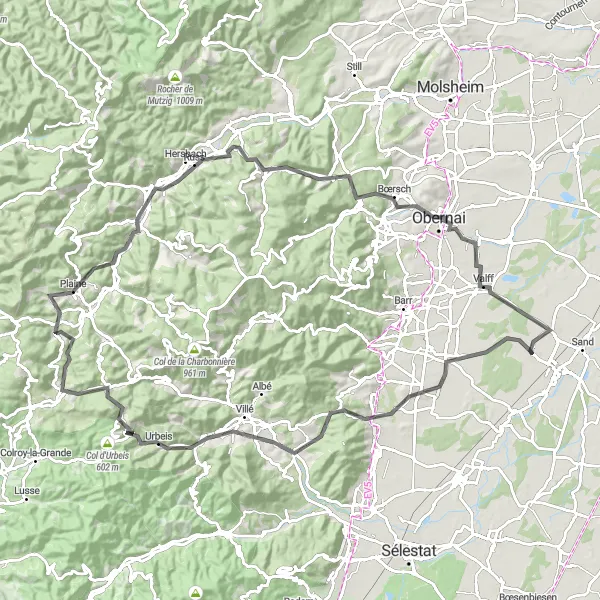 Miniature de la carte de l'inspiration cycliste "Défi des montagnes alsaciennes" dans la Alsace, France. Générée par le planificateur d'itinéraire cycliste Tarmacs.app