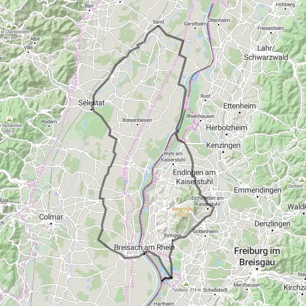 Miniature de la carte de l'inspiration cycliste "De Boofzheim à Kogenheim: Explorer la Plaine d'Alsace en vélo" dans la Alsace, France. Générée par le planificateur d'itinéraire cycliste Tarmacs.app