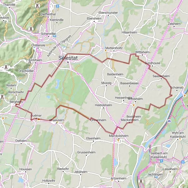 Miniature de la carte de l'inspiration cycliste "Balade en gravel à travers la plaine d'Alsace" dans la Alsace, France. Générée par le planificateur d'itinéraire cycliste Tarmacs.app
