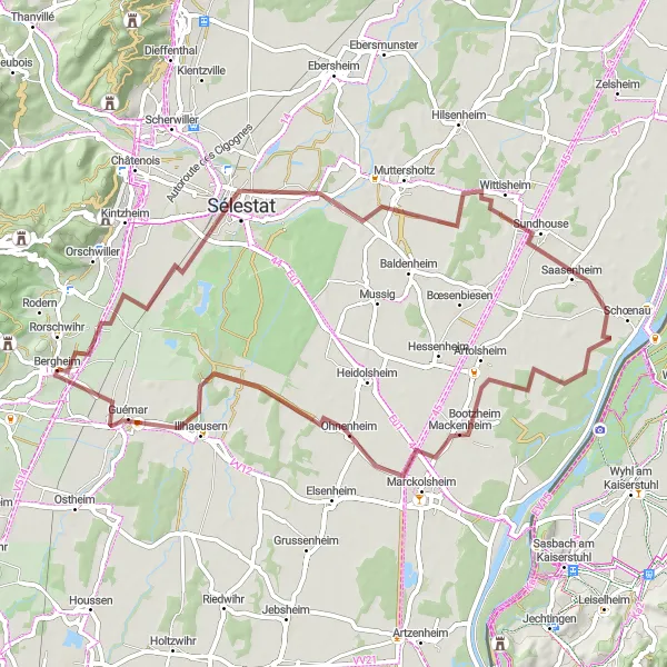 Map miniature of "The Gravel Adventure" cycling inspiration in Alsace, France. Generated by Tarmacs.app cycling route planner