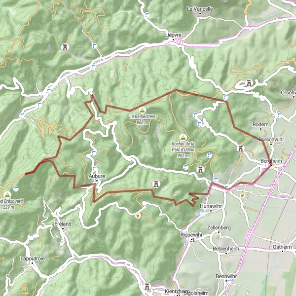Miniature de la carte de l'inspiration cycliste "Boucle pittoresque autour de Hunawihr et Rodern" dans la Alsace, France. Générée par le planificateur d'itinéraire cycliste Tarmacs.app