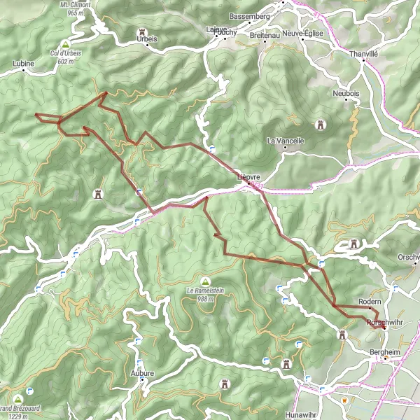 Miniature de la carte de l'inspiration cycliste "Circuit de Bergheim à travers Schaenzelkopf et Rodern" dans la Alsace, France. Générée par le planificateur d'itinéraire cycliste Tarmacs.app