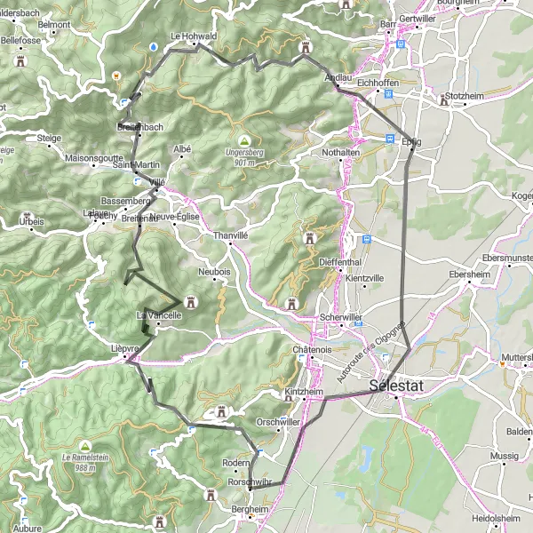 Miniature de la carte de l'inspiration cycliste "Itinéraire sportif de Bergheim à travers Sélestat et Rorschwihr" dans la Alsace, France. Générée par le planificateur d'itinéraire cycliste Tarmacs.app
