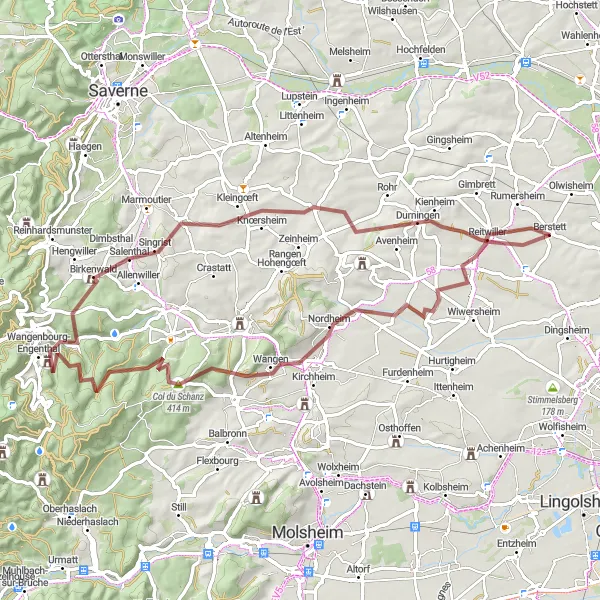 Map miniature of "Gravel Exploration: Kuttolsheim and Landersheim" cycling inspiration in Alsace, France. Generated by Tarmacs.app cycling route planner