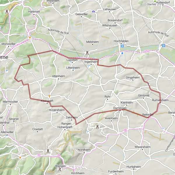 Map miniature of "Nature's Gravel Adventure" cycling inspiration in Alsace, France. Generated by Tarmacs.app cycling route planner