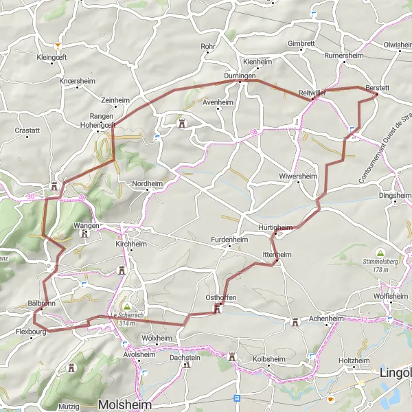 Map miniature of "Gravel Adventure: Handschuheim, Horn, and Westhoffen" cycling inspiration in Alsace, France. Generated by Tarmacs.app cycling route planner