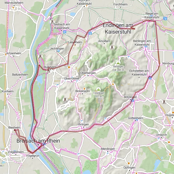 Miniature de la carte de l'inspiration cycliste "Les Chemins de Gravel du Kaiserstuhl" dans la Alsace, France. Générée par le planificateur d'itinéraire cycliste Tarmacs.app