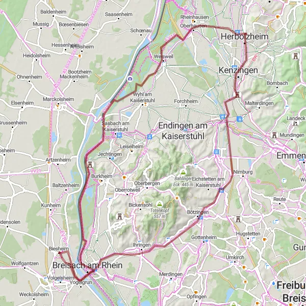 Map miniature of "Exploring the Landscapes and History of Kaiserstuhl" cycling inspiration in Alsace, France. Generated by Tarmacs.app cycling route planner