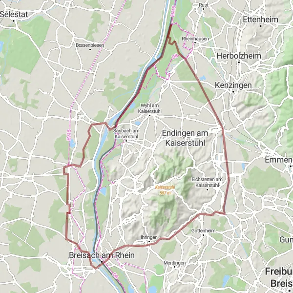 Map miniature of "Kunheim to Bötzingen: Cross the Kaiserstuhl Landscape" cycling inspiration in Alsace, France. Generated by Tarmacs.app cycling route planner