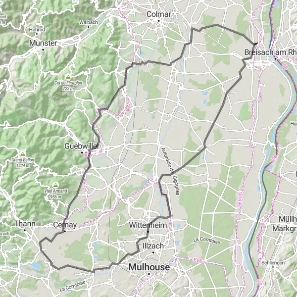 Map miniature of "Picturesque Landscapes and Historic Villages" cycling inspiration in Alsace, France. Generated by Tarmacs.app cycling route planner