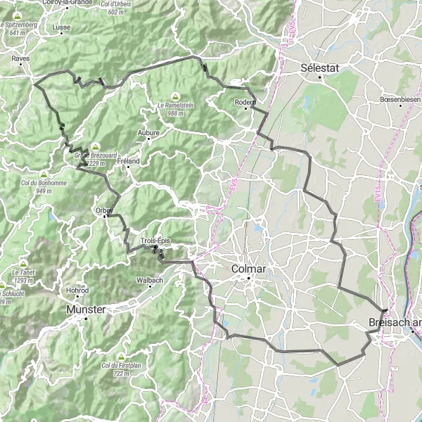 Map miniature of "Colmar and Beyond" cycling inspiration in Alsace, France. Generated by Tarmacs.app cycling route planner