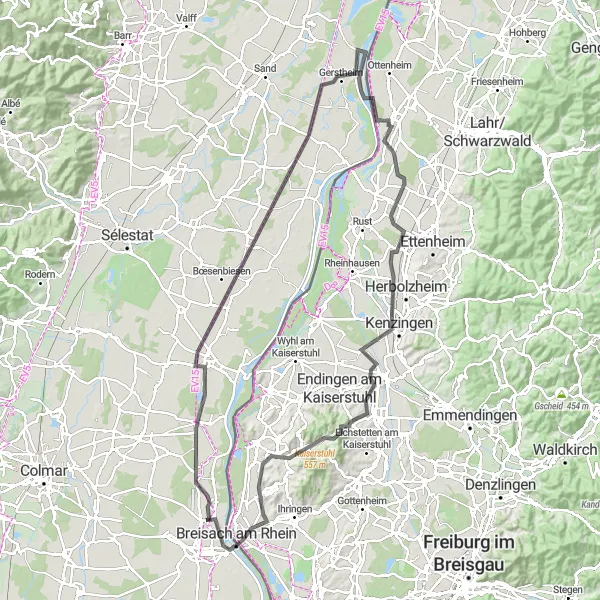 Map miniature of "Discover the Charms of Marckolsheim and the Kaiserstuhl" cycling inspiration in Alsace, France. Generated by Tarmacs.app cycling route planner