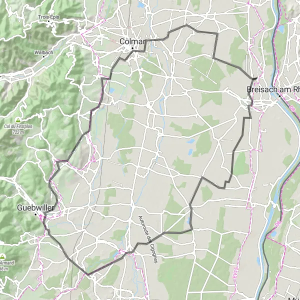 Map miniature of "Roads and Vineyards" cycling inspiration in Alsace, France. Generated by Tarmacs.app cycling route planner