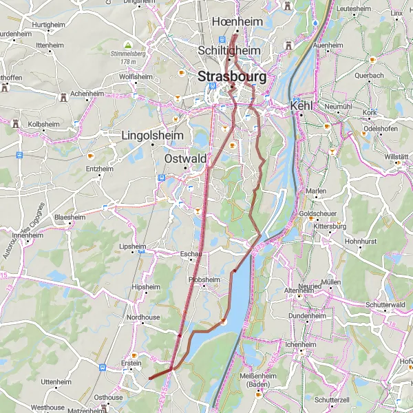 Miniature de la carte de l'inspiration cycliste "Découverte des charmes de Strasbourg et ses environs" dans la Alsace, France. Générée par le planificateur d'itinéraire cycliste Tarmacs.app